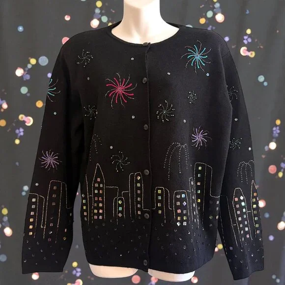Vintage Y2K 2000 Beaded NYE Fireworks NYC City Skyline Merino Wool Cardigan XL - Picture 1 of 12